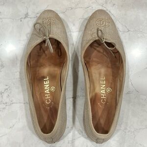 CHANEL Beige Linen Ballet Flats